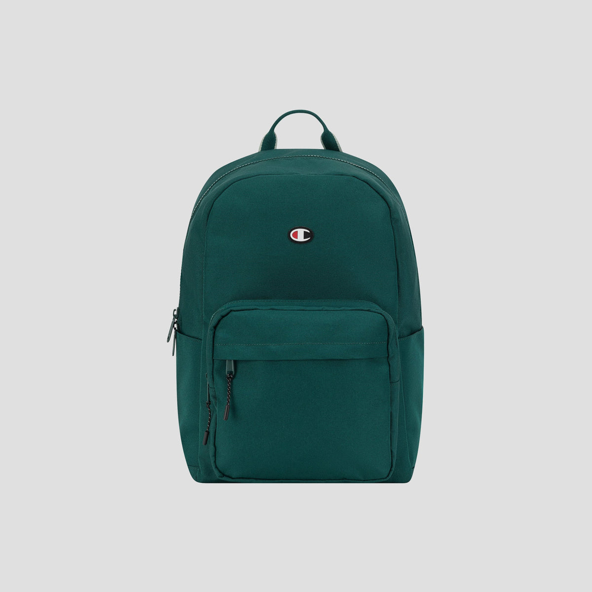 Introducing the Champion Level Backpack—a durable green backpack with thoughtfully designed compartments, including a front zip pocket, two side pockets, and a small embroidered Champion logo on the upper front—shown against a plain light gray background.