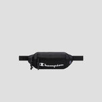 A black Champion Monitor Waist Pack featuring a white logo, front zipper pocket, and an adjustable strap, displayed on a plain light gray background.