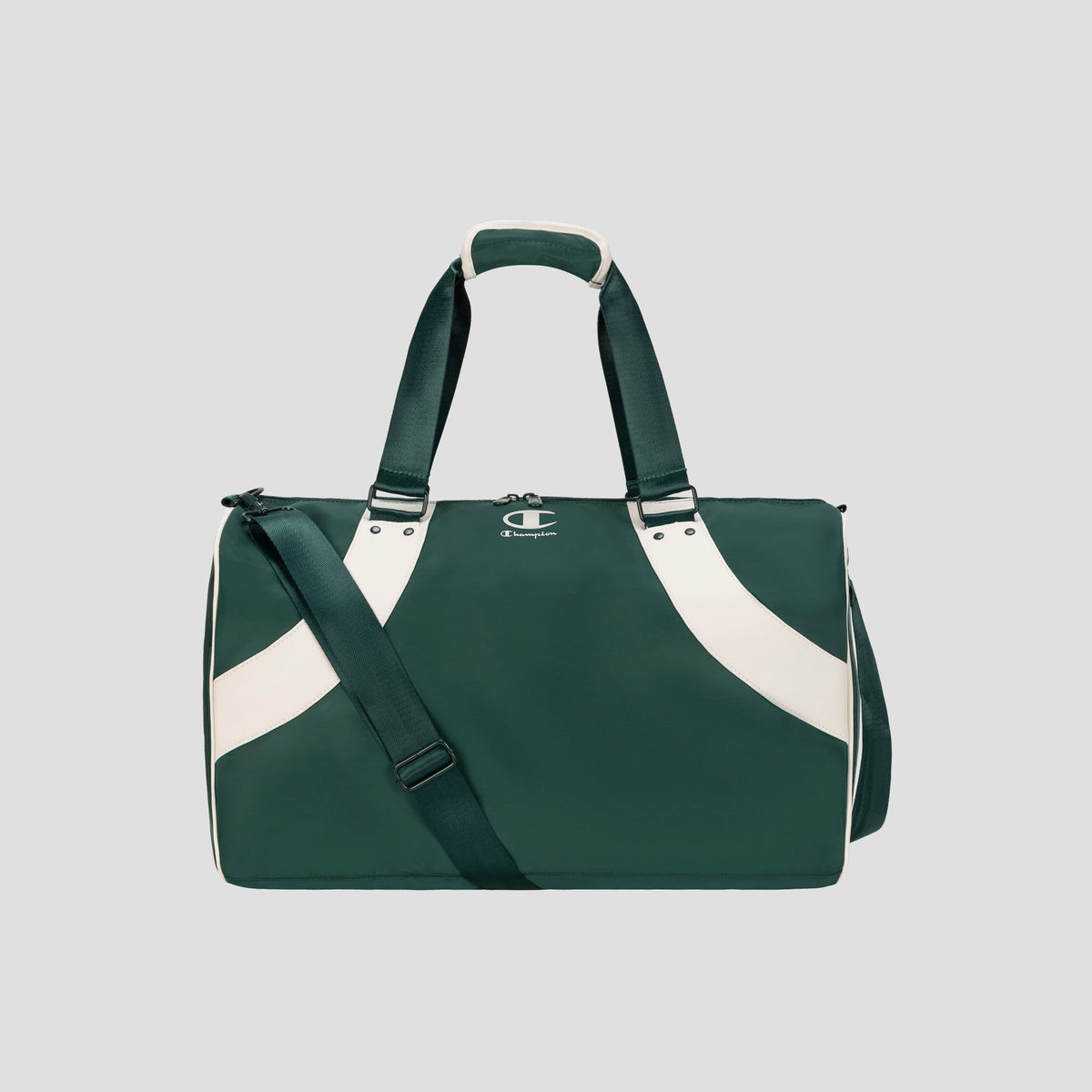 The Champion Oracle Duffel Bag is a green sports travel bag featuring white diagonal stripes, a top handle, a shoulder strap, and a small Champion logo on the front, displayed against a plain light gray background.