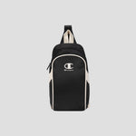 The Champion Oracle Sling Pack, shown in black and white against a plain light gray background, is perfect for use as a gym bag and features a front zipper pocket, white Champion logo on the front, and a top handle.