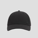 A sleek black Ponytail Baseball Cap by Champion, featuring minimal stitching and a small embossed logo on the front left side. Made from performance stretch fabric, this stylish cap delivers both comfort and flexibility. Set against a light gray background.