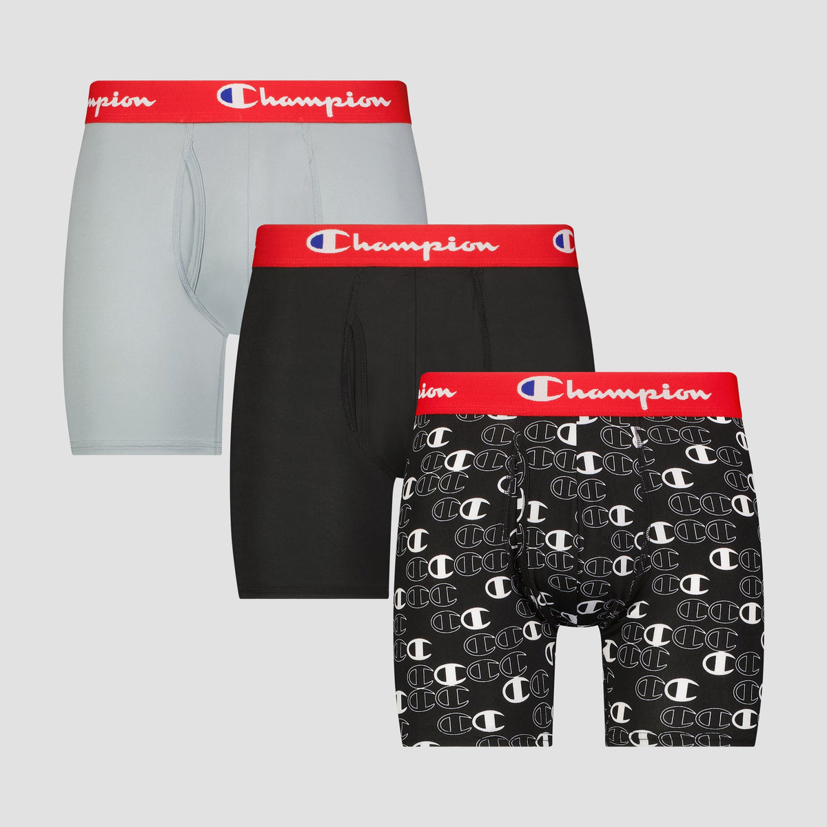 The Champion 3Pk Performance Boxer Brief includes three pairs in gray, black, and black with a white logo pattern, each with a red logo waistband. Enjoy lightweight comfort and signature style for everyday wear.