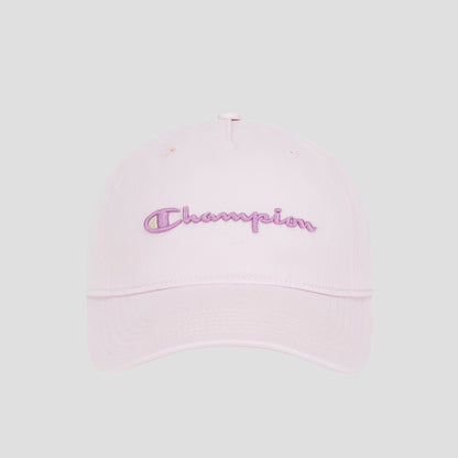 A light pink Champion Script Embroidery Adjustable Cap is shown against a plain gray background, featuring stylish script embroidery of the word “Champion” in purple and pink thread on the front for a sporty yet chic look.