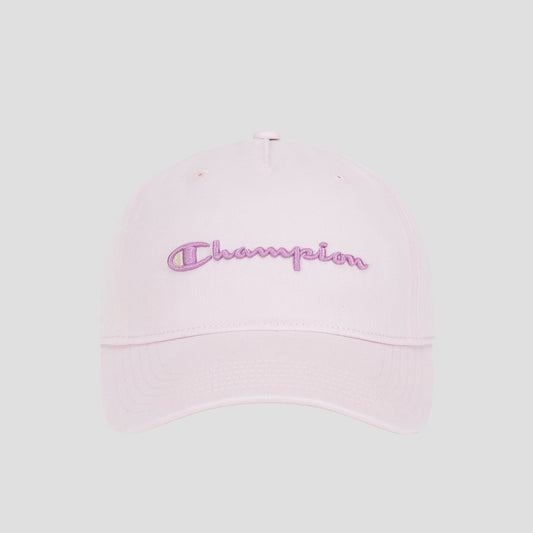 A light pink Champion Script Embroidery Adjustable Cap is shown against a plain gray background, featuring stylish script embroidery of the word “Champion” in purple and pink thread on the front for a sporty yet chic look.