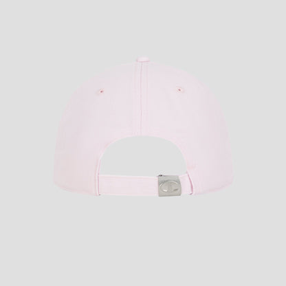 A light pink Script Embroidery Adjustable Cap by Champion is shown from the back, featuring an adjustable strap with a metal buckle. The cap has a plain design with no visible logos or embellishments, set against a light gray background.