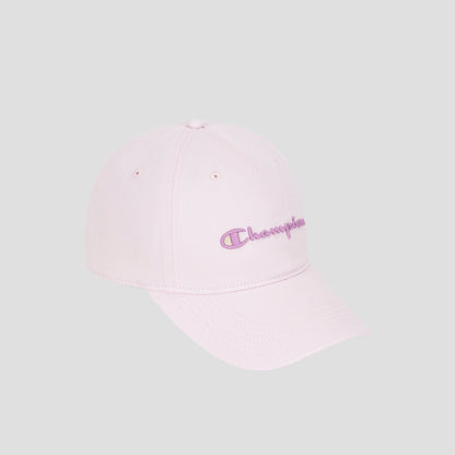 A light pink Script Embroidery Adjustable Cap by Champion, featuring a curved brim and “Champion” embroidered on the front in purple and pink script, set against a plain light gray background.