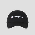 A black washed cotton twill Script Embroidery Adjustable Cap by Champion, featuring the brand’s name embroidered in white and red script on the front, is displayed against a plain light gray background.