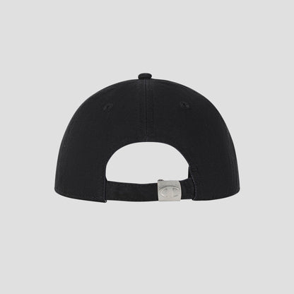 Back view of the Champion Script Embroidery Adjustable Cap in black, crafted from washed cotton twill with an adjustable strap and metallic clasp, featuring a small engraved logo. The background is plain and light gray.