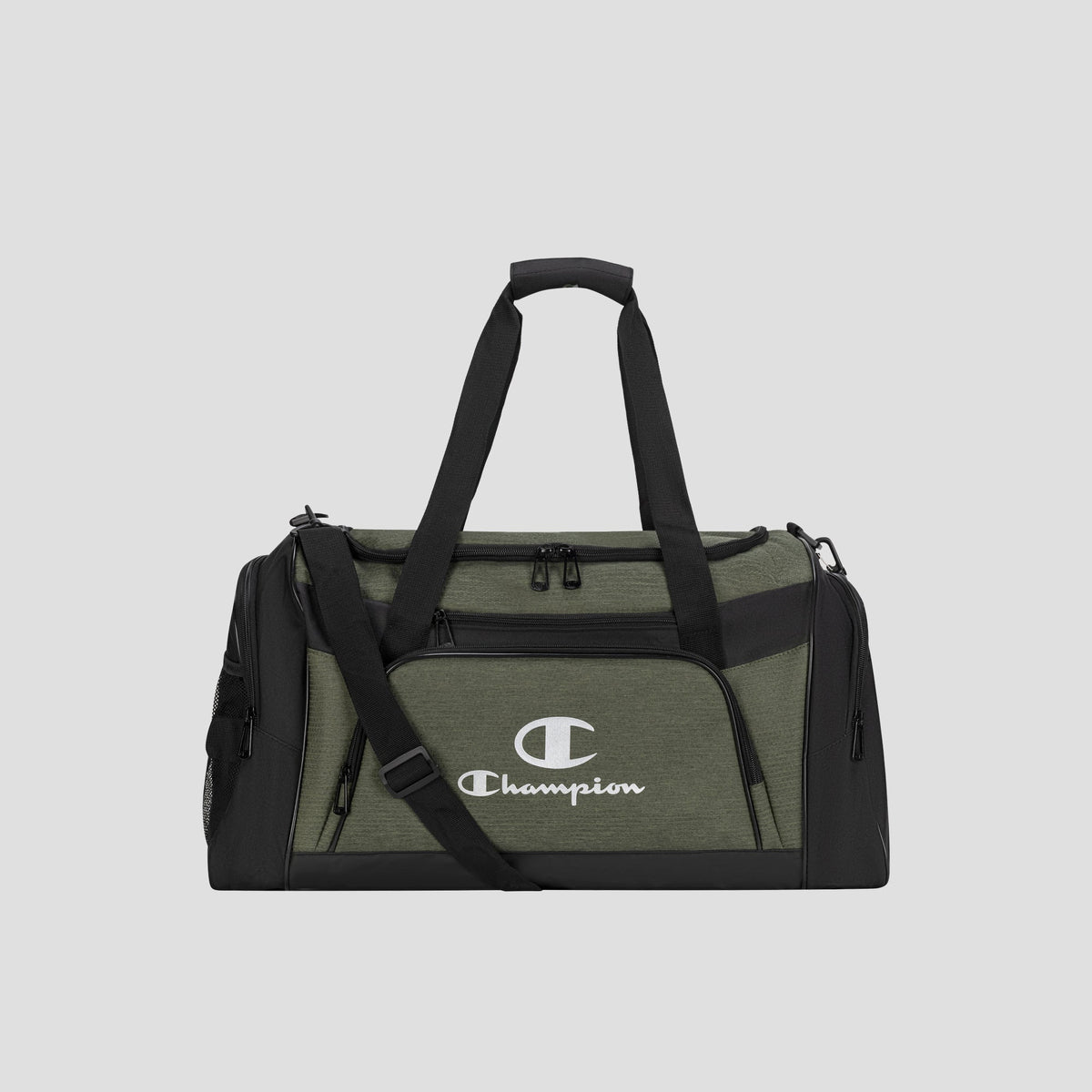 The Champion Stadium Duffel Bag is shown in olive green and black, featuring dual handles, a shoulder strap, front zip pocket, side pockets, and a prominent white Champion logo on the front, set against a plain gray background.