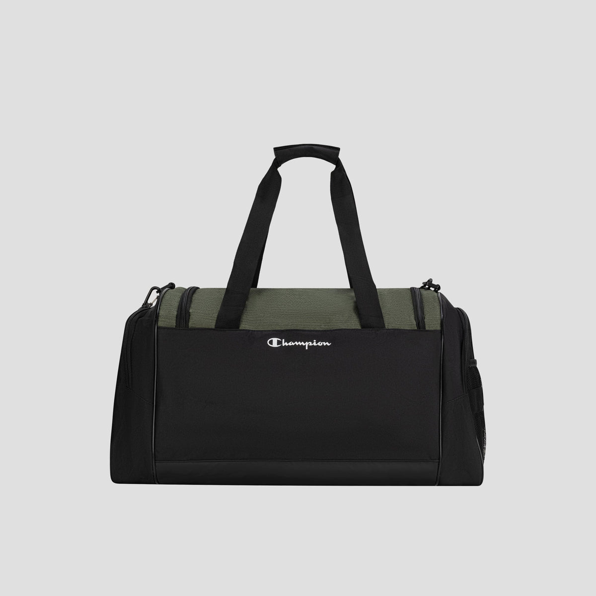A Champion Stadium Duffel Bag in black and olive green, featuring dual handles, a zippered top closure, convenient side pockets, and the Champion logo embroidered on the front. The bag is set against a plain light gray background, highlighting its sleek and practical design.