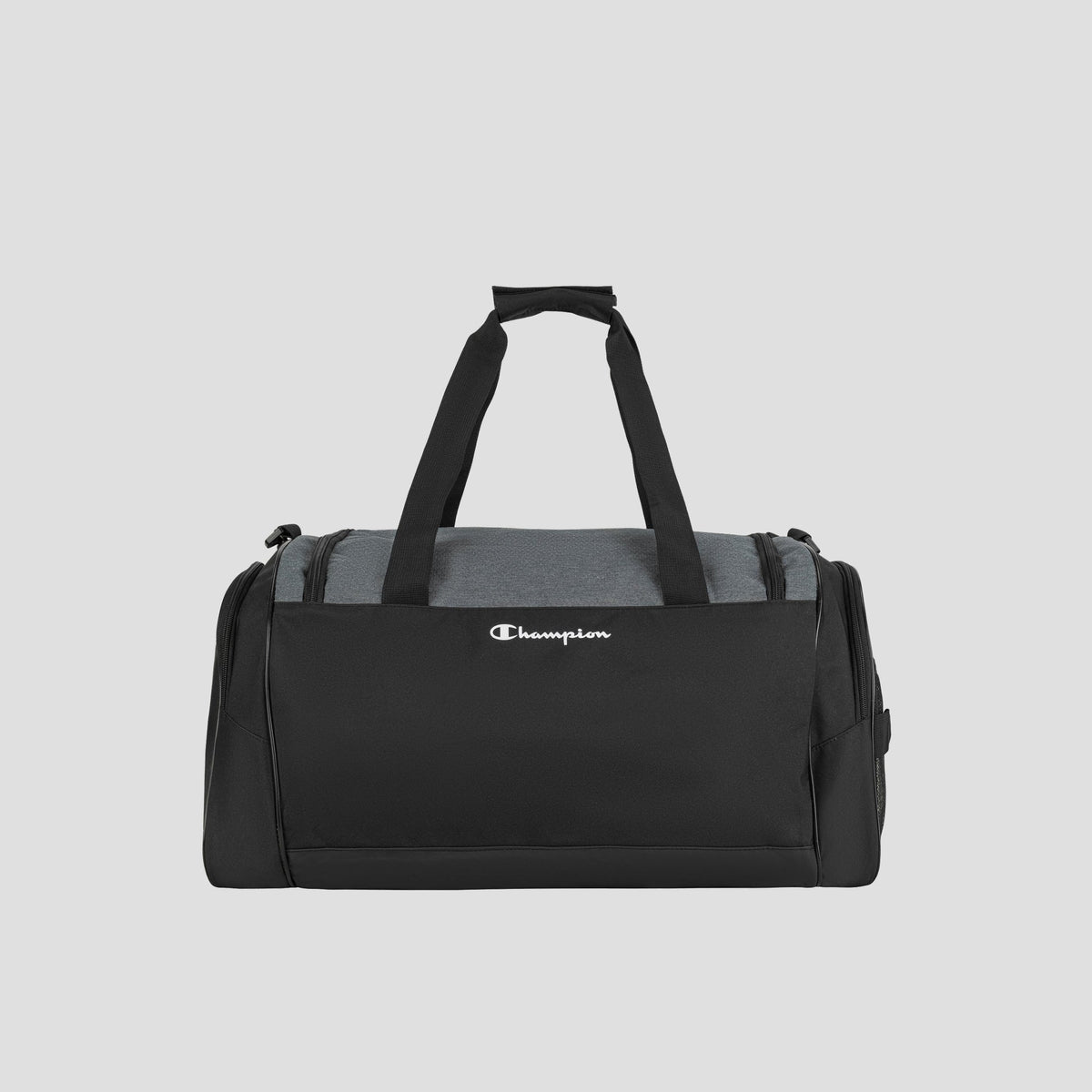 The Champion Stadium Duffel Bag is a black and gray gym bag with two top handles, a shoulder strap, and the Champion logo displayed on the front.