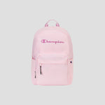 A light pink Steady Backpack by Champion featuring a front pocket, zipper closures, a padded laptop sleeve, and the Champion logo embroidered in pink and purple on the front.