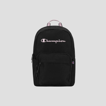 Introducing the Champion Steady Backpack: a black everyday backpack with a spacious main compartment, padded laptop sleeve, front pocket, and side pocket. The front features the Champion logo in white and pink lettering. Pictured on a light gray background.