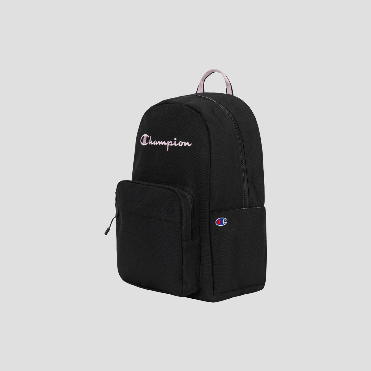 Black Champion Steady Backpack featuring a front zip pocket, a small embroidered Champion logo patch on the pocket, and “Champion” written in white cursive on the main section. Includes a padded laptop sleeve for added convenience. The background is plain light gray.