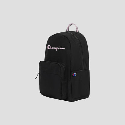 Black Champion Steady Backpack featuring a front zip pocket, a small embroidered Champion logo patch on the pocket, and “Champion” written in white cursive on the main section. Includes a padded laptop sleeve for added convenience. The background is plain light gray.