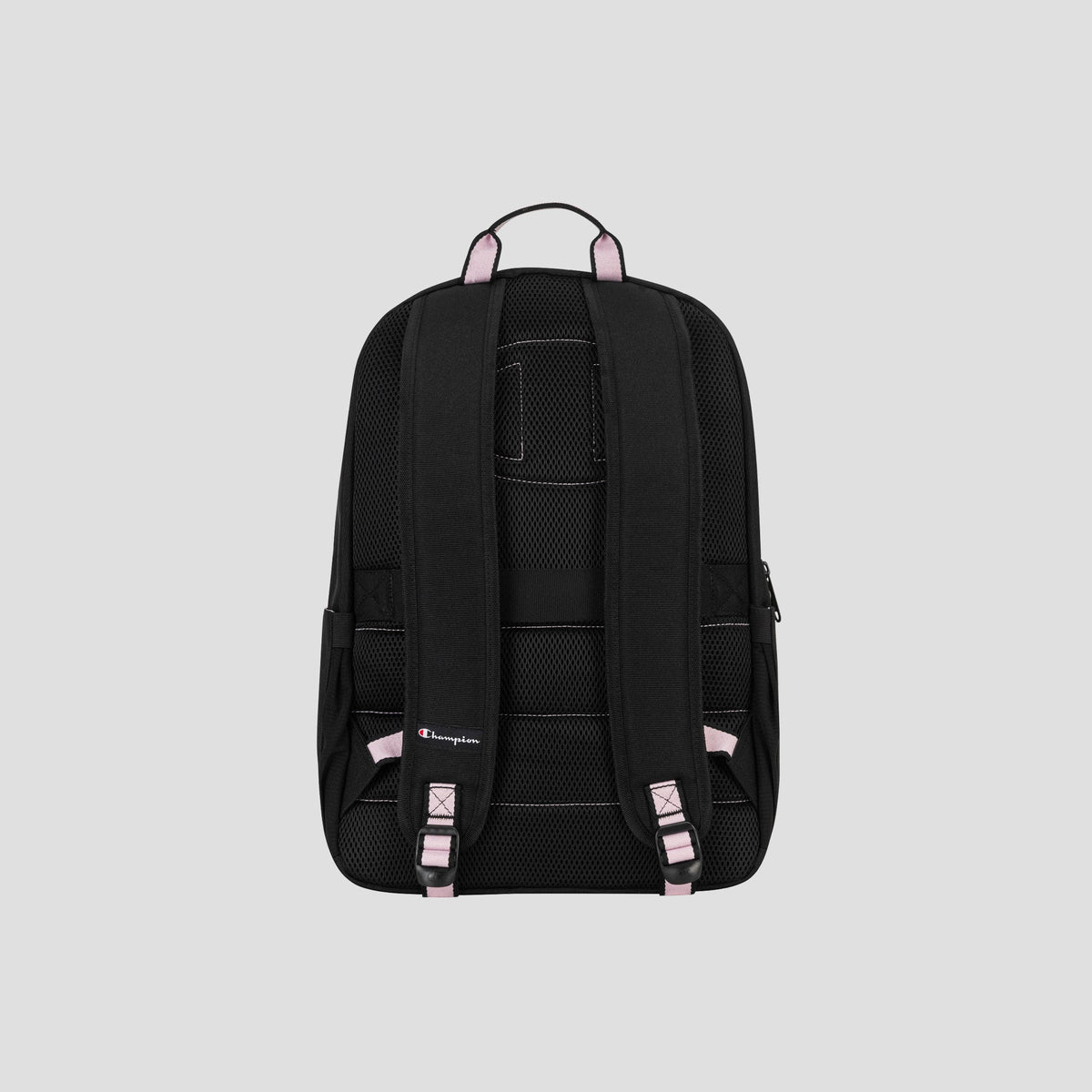 The Steady Backpack by Champion is displayed from the back against a light gray background, showcasing padded shoulder straps with pink accents in the brand’s classic style, a top handle, and comfortable mesh padding.