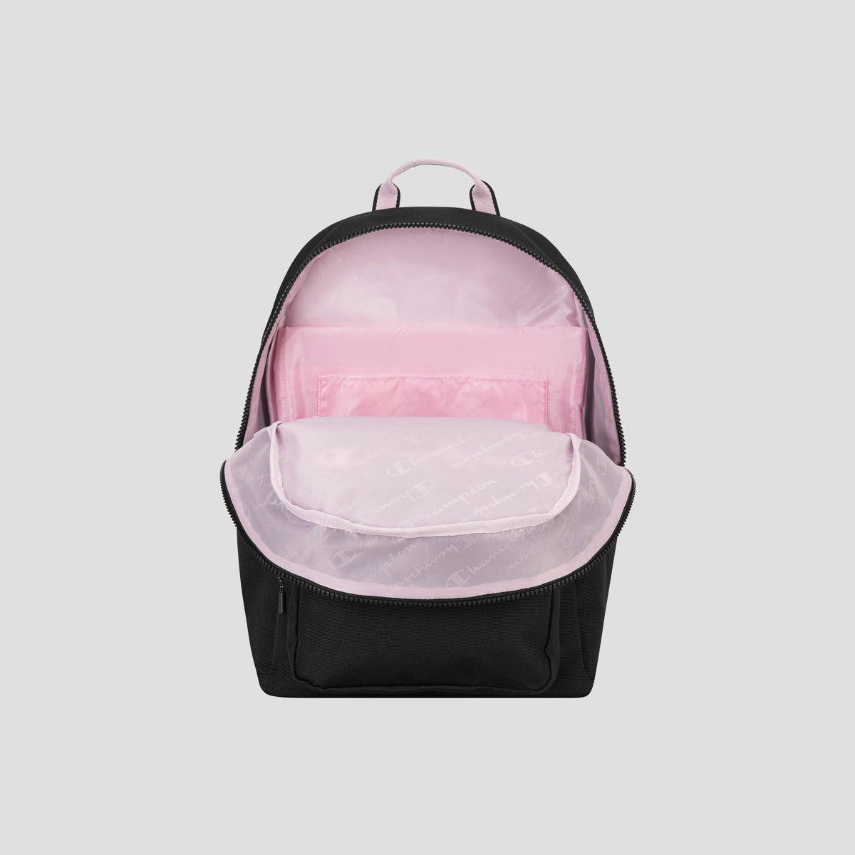 The Champion Steady Backpack in black, featuring a light pink interior, is displayed open to show its multiple compartments and pockets for organization—including a padded laptop sleeve—against a plain light gray background.