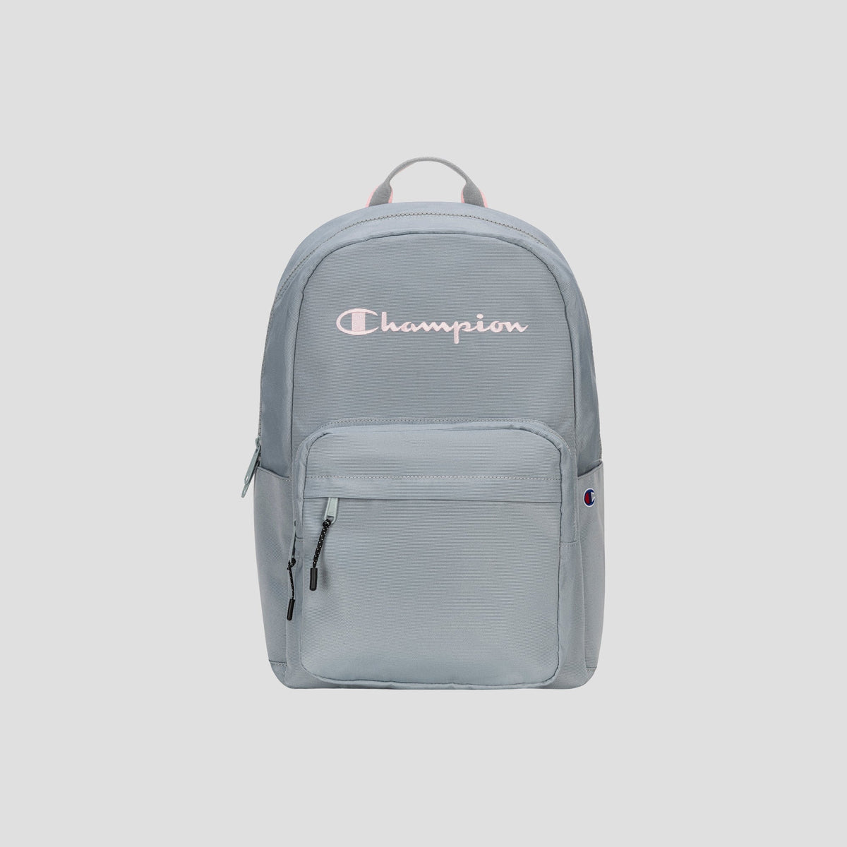 Introducing the Steady Backpack from Champion: this light gray bag features a front zip pocket, dual zipper pulls, and the Champion logo in white and pink displayed across the upper front. Designed with a fabric top handle and a streamlined, minimalist look, it’s perfect for carrying all your essentials in style.