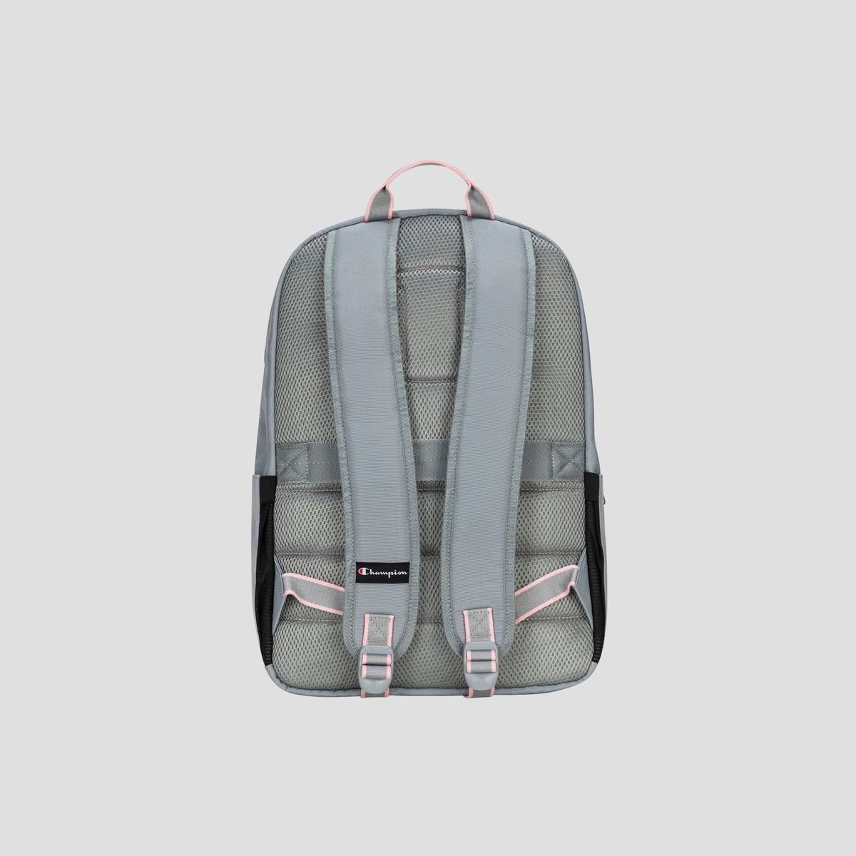 The Champion Steady Backpack in gray, featuring padded shoulder straps and pink accents, is displayed from the back against a plain light gray background. The design includes mesh padding and a small black Champion logo near the bottom.