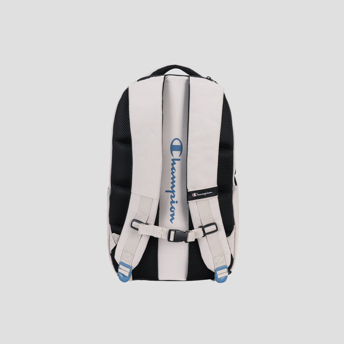 A beige and black Champion Summit Backpack featuring padded shoulder straps, a weather-resistant black mesh backing, a blue Champion logo on the back panel, and a dedicated padded laptop sleeve, displayed on a light grey background.