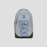 The Champion Summit Backpack in light gray is showcased on a plain white background, featuring a blue and white Champion logo, front bungee cord detail, black bottom panel, and multiple zipper compartments. Designed with a padded laptop sleeve and crafted from weather-resistant materials for enhanced durability.