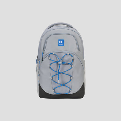 The Champion Summit Backpack in light gray is showcased on a plain white background, featuring a blue and white Champion logo, front bungee cord detail, black bottom panel, and multiple zipper compartments. Designed with a padded laptop sleeve and crafted from weather-resistant materials for enhanced durability.