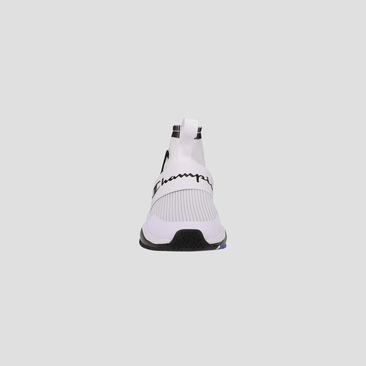 The Champion Kids' Rally Pro shoe is a stylish, comfortable slip-on with a white mesh upper, black outsole, and a "Champion" strap across the top—perfect for kids and easy to wear.
