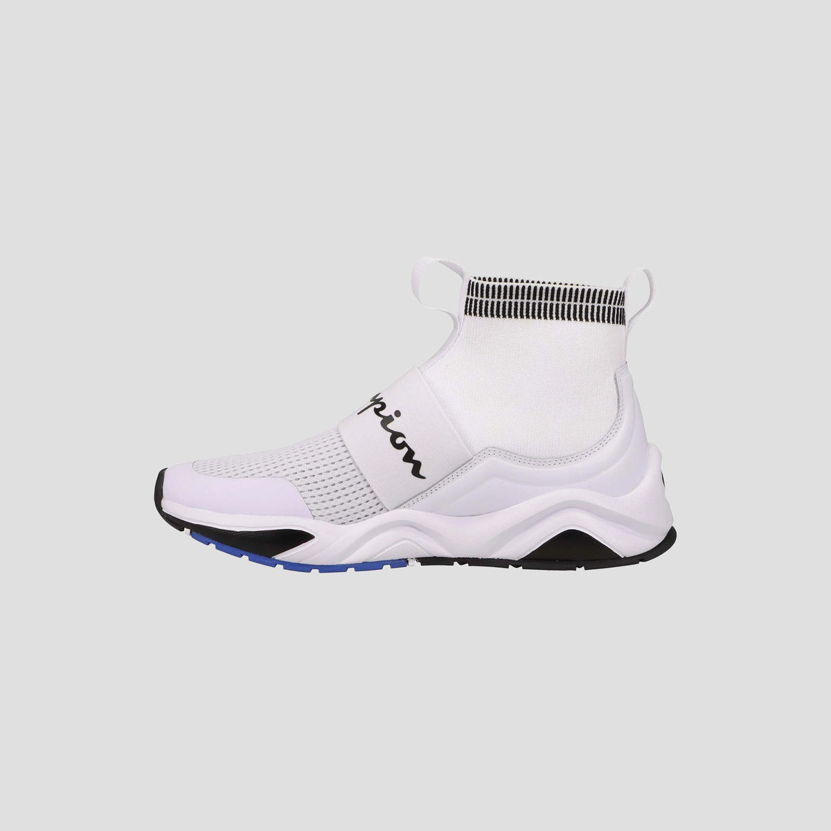 The Champion Kids' Rally Pro is a comfy white slip-on high-top sneaker featuring a sock-like design, black and blue accents on the sole, and stylish black cursive text—ideal for young high-top fans.