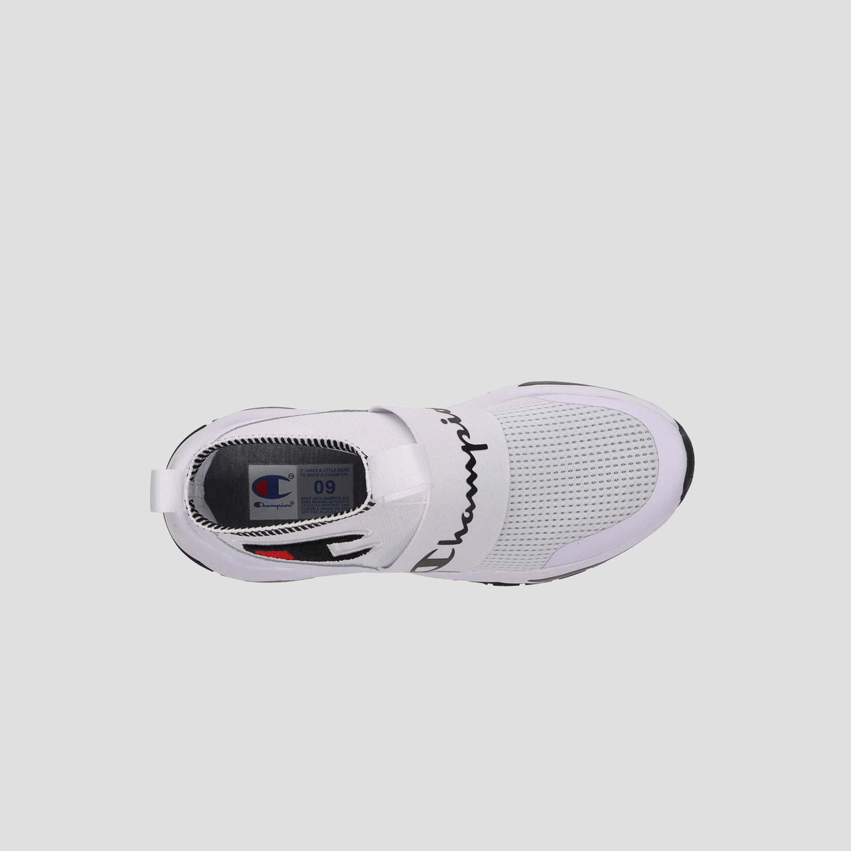 Top view of the Champion Kids' Rally Pro sneaker: white knit mesh upper, elastic midfoot strap, black outsole accents, and visible size label—ideal for kids seeking comfortable slip-on shoes.