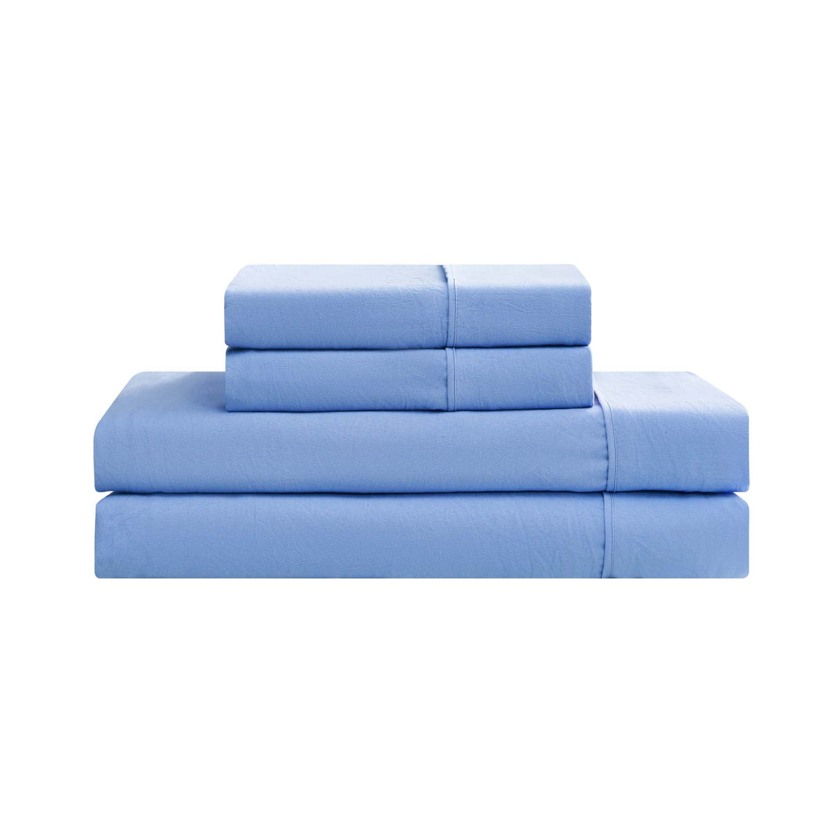 A neatly folded Champion Elastic Logo Microfiber Sheet Set in light blue, featuring two pillowcases, a fitted sheet with elastic logo detailing, and a flat sheet, is stacked on a white background.