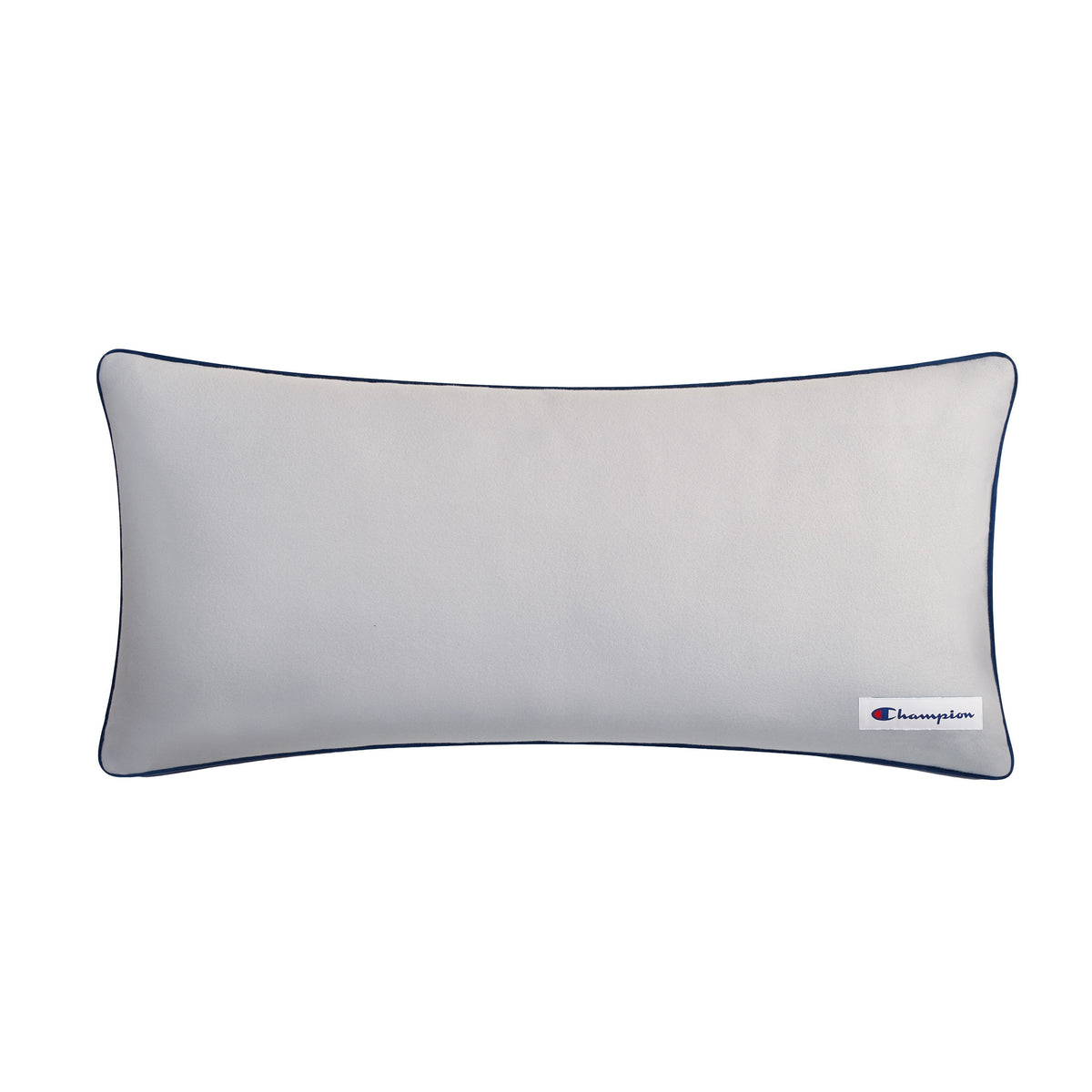 A Champion Faux Wool Body Pillow in a rectangular shape features a light gray faux wool cover, plush polyester fill, dark edge piping, and a small Champion logo tag in the bottom right corner.