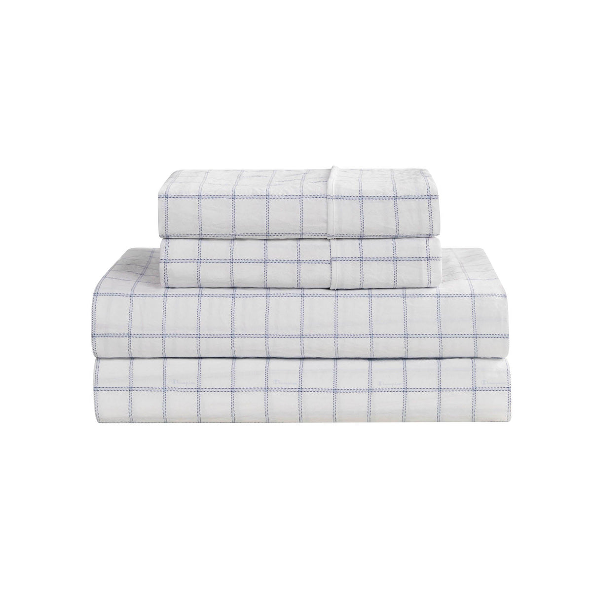 A neatly arranged stack of Champion Printed Microfiber Sheet Sets in white with a light blue grid pattern rests against a plain white background—these wrinkle-resistant sheets blend style and practicality to refresh your bedroom.