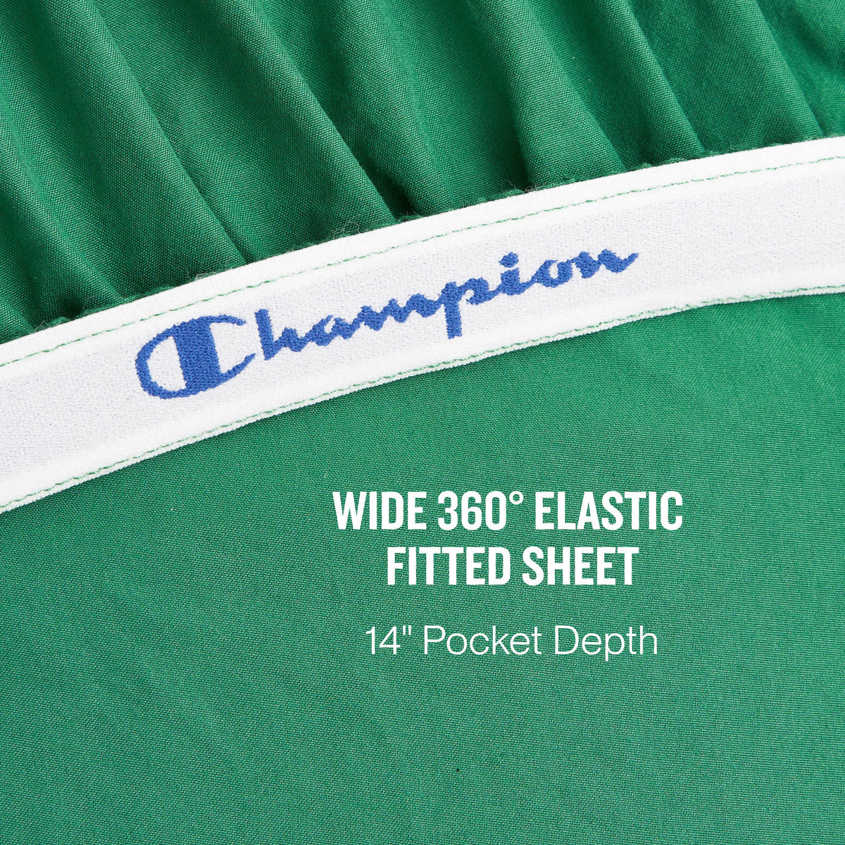 Close-up of a green fitted sheet with a white elastic band featuring the blue Champion logo. Text overlays read: WIDE 360° ELASTIC FITTED SHEET and 14″ Pocket Depth. Experience athletic bedding at its finest with the Peak Comfort Microfiber Sheet Set from Champion, crafted for a secure and comfortable fit with deep pockets.