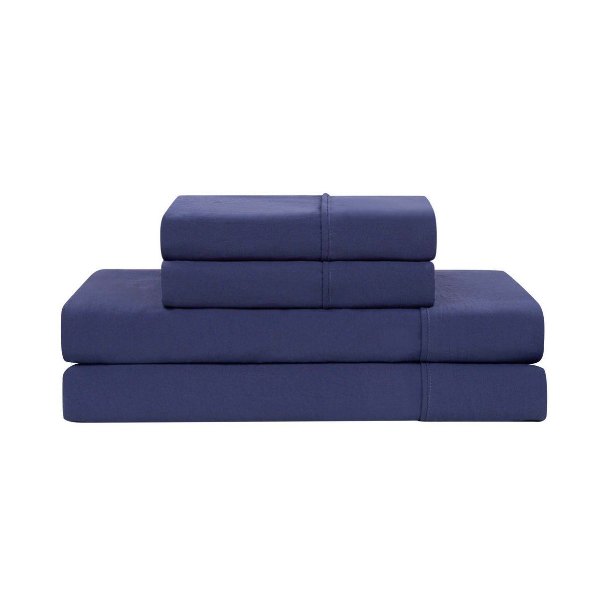 A neatly folded Champion Elastic Logo Microfiber Sheet Set in navy blue, including pillowcases, stacked on a white background.
