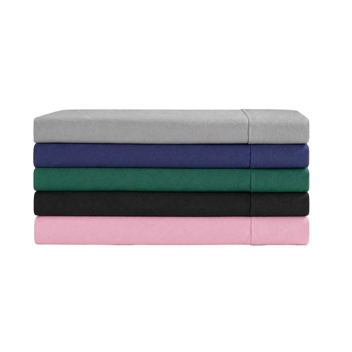 A stack of five neatly folded Champion Peak Comfort Microfiber Sheet Sets in gray, navy blue, green, black, and pink is arranged from top to bottom against a white background. These deep pocket Peak Comfort sheets combine style and comfort for your athletic bedding needs.