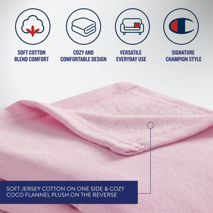 Close-up of a light pink fabric with icons and text highlighting soft cotton blend comfort, cozy design, versatile use, and signature Champion style. The Champion Jersey with Fleece Backing Throw Blanket combines smooth jersey knit on one side with plush flannel on the reverse, delivering the feel of your favorite fleece blanket for ultimate relaxation.