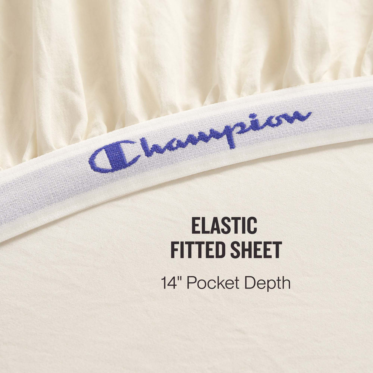 Close-up of the Champion Elastic Logo Microfiber Sheet Set’s cream-colored fitted sheet, featuring a branded elastic band and a 14-inch pocket depth for daily comfort. Text reads: ELASTIC FITTED SHEET 14″ Pocket Depth.