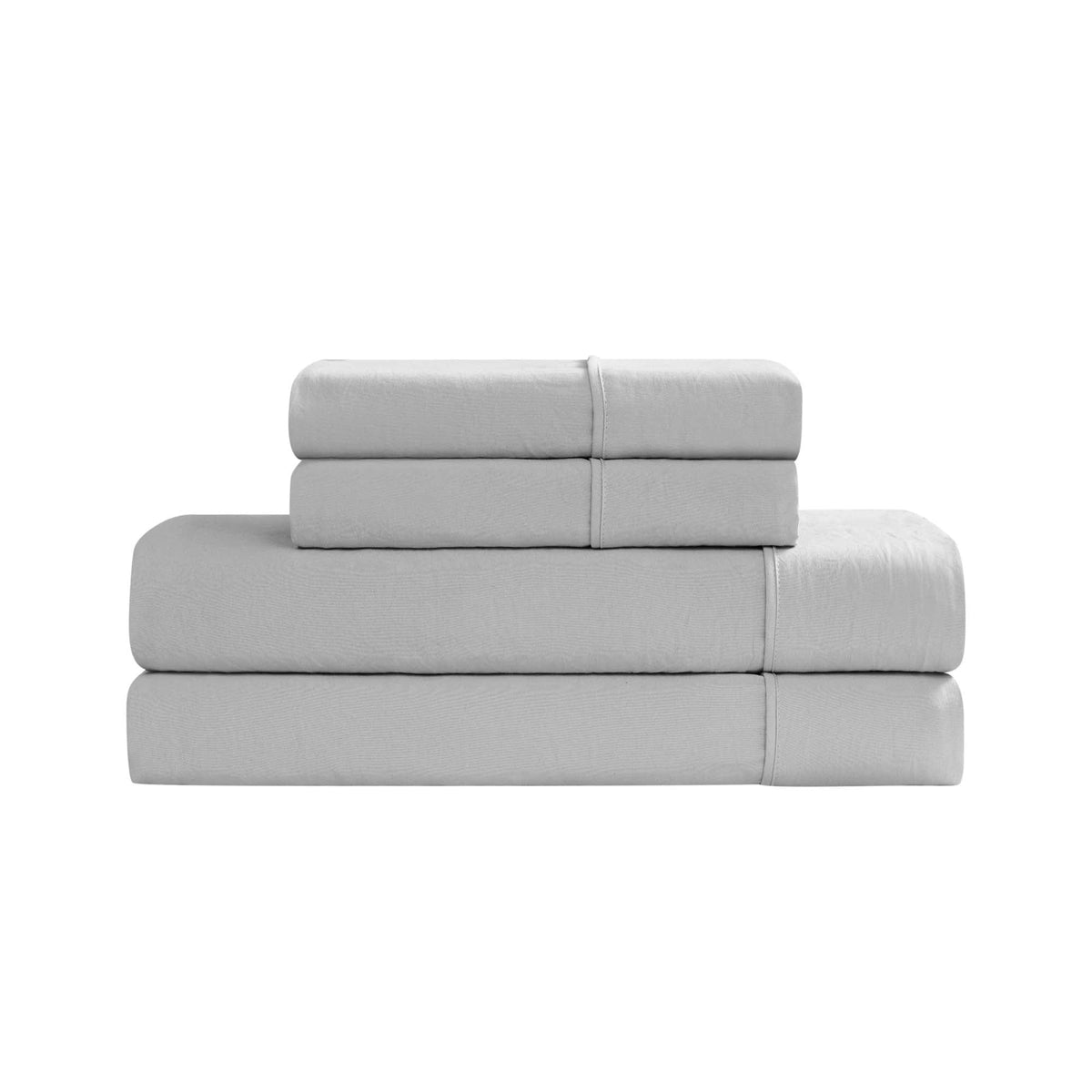 A neatly folded stack of the Champion Elastic Logo Microfiber Sheet Set and pillowcases in light gray is displayed against a white background.