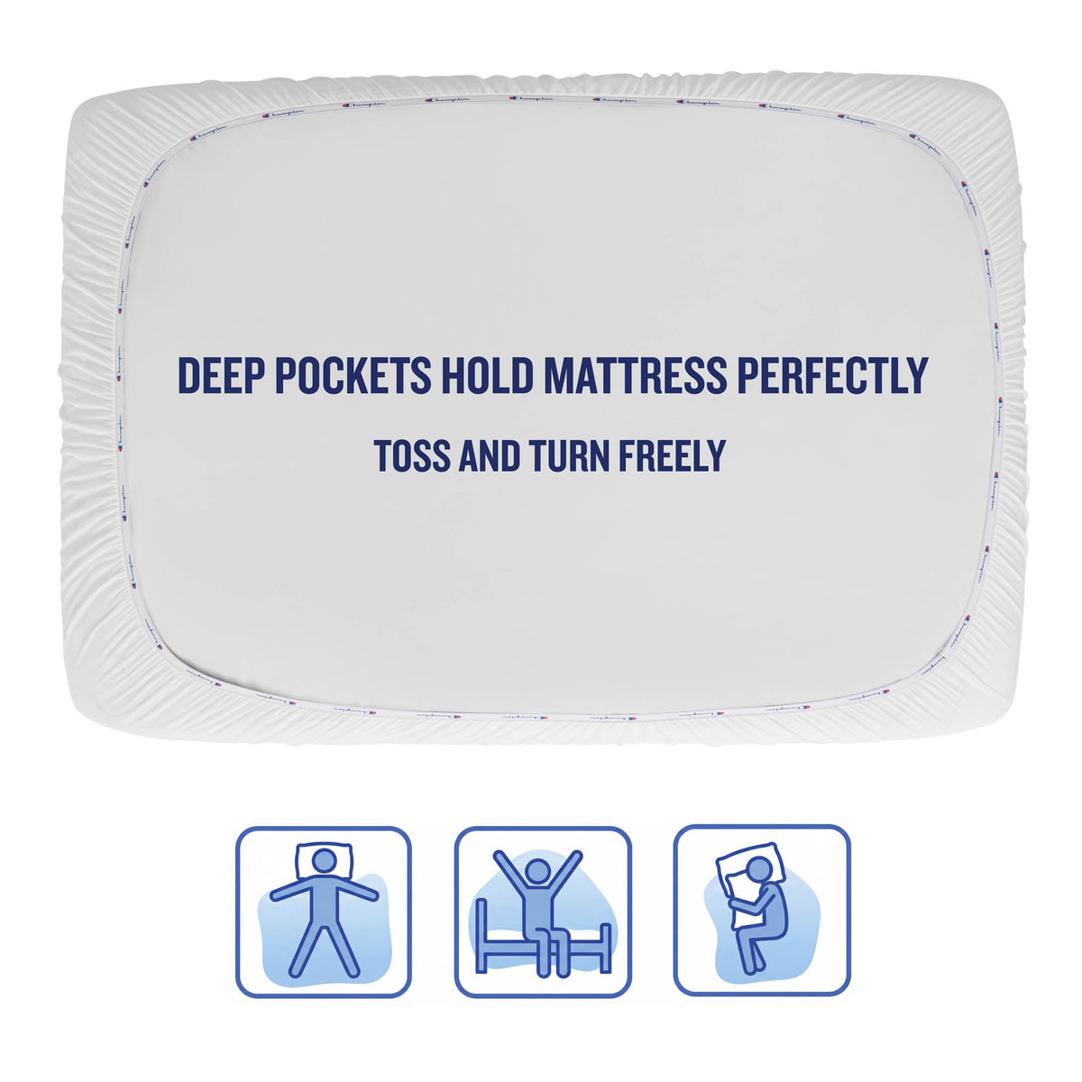 A Champion Ultimate Protection Mattress Pad is shown on a mattress with text reading: “Deep pockets ensure a perfect fit.” Moisture-wicking fabric keeps you cool and dry as you toss and turn. Three icons below illustrate various sleeping positions.