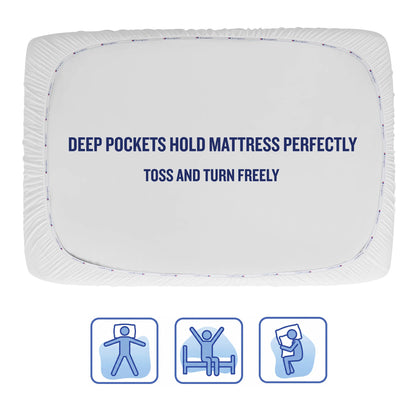 A Champion Ultimate Protection Mattress Pad is shown on a mattress with text reading: “Deep pockets ensure a perfect fit.” Moisture-wicking fabric keeps you cool and dry as you toss and turn. Three icons below illustrate various sleeping positions.