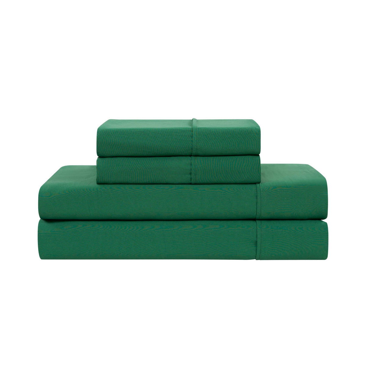 A neatly folded Champion Elastic Logo Microfiber Sheet Set in green, including pillowcases, flat sheet, and fitted sheet, stacked on a white background.
