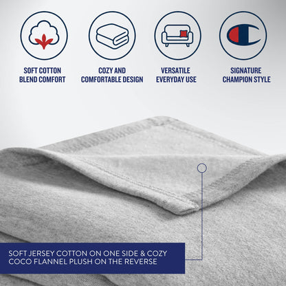 Close-up of the Champion Jersey with Fleece Backing Throw Blanket in gray, featuring icons for soft cotton blend comfort, cozy design, versatility, and signature Champion style. The text highlights a soft jersey cotton front with plush flannel backing—making it perfect as athletic bedding or a comfortable Champion fleece throw blanket for any space.