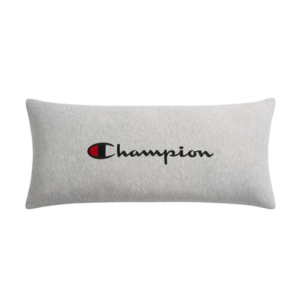 The Champion Jersey Body Pillow features a rectangular gray design with the iconic Champion logo in black text and a red and black "C" at the center. Crafted from soft jersey-knit polyester, this body pillow provides full-length cushioning for ultimate comfort, making it an ideal choice for lounging or relaxing in style.