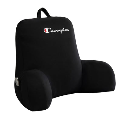 A Champion Jersey Backrest Pillow in black, featuring supportive armrests, a convenient top handle, and “Champion” embroidered in white and red on the upper back—crafted from soft jersey knit for ultimate comfort.