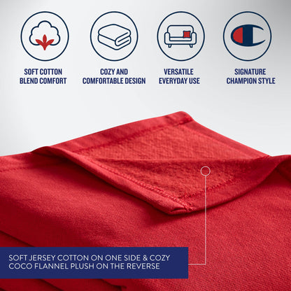 Close-up of a red Jersey with Fleece Backing Throw Blanket from Champion, showcasing its soft texture. Icons above highlight its features: soft cotton blend, cozy design, versatile use, and the signature Champion style. Text describes this Champion throw blanket as having a soft jersey cotton front and plush fleece backing—perfect for athletic bedding or for anyone seeking a stylish jersey knit throw blanket.