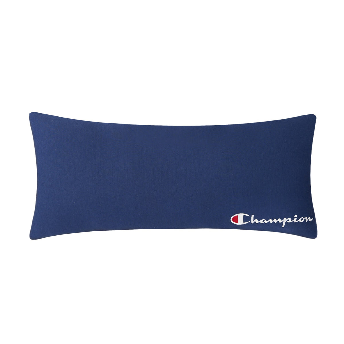 The Champion Jersey Body Pillow features a rectangular shape in blue jersey knit, accented with the Champion brand logo in white, red, and blue on the bottom right corner—making it the ideal athletic-inspired addition to any space.