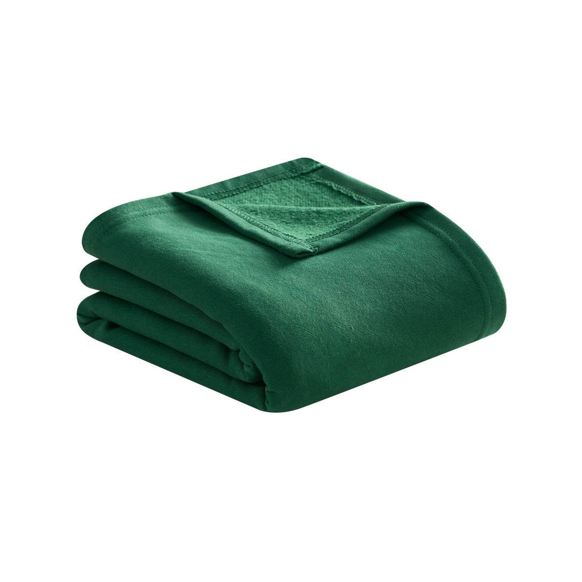 A neatly folded green Jersey with Fleece Backing Throw Blanket by Champion, featuring a visible stitched edge, displayed on a white background.