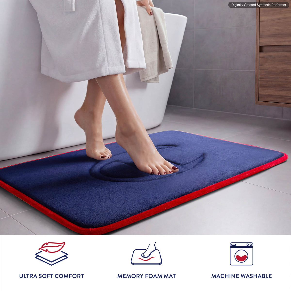 A person steps onto a Champion Quilted Logo Memory Foam Bath Mat in blue with bold red edges in the bathroom. Icons below showcase its ultra-soft comfort, premium memory foam construction, and easy machine washability—making it a true Champion choice for everyday luxury.