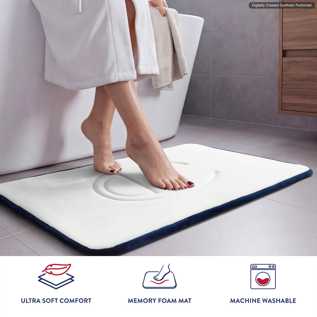 A person in a white robe steps onto a plush white *Champion Quilted Logo Memory Foam Bath Mat* in a bathroom, with icons below highlighting comfort, memory foam, and machine washability.