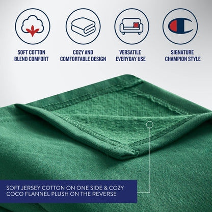 Close-up of green Jersey with Fleece Backing Throw Blanket by Champion highlights its dual textures, with icons and text above noting features: soft cotton blend, cozy design, versatile use, and signature style. Below, text details the luxurious comfort—one side crafted from smooth jersey cotton and the reverse featuring plush fleece for extra warmth.